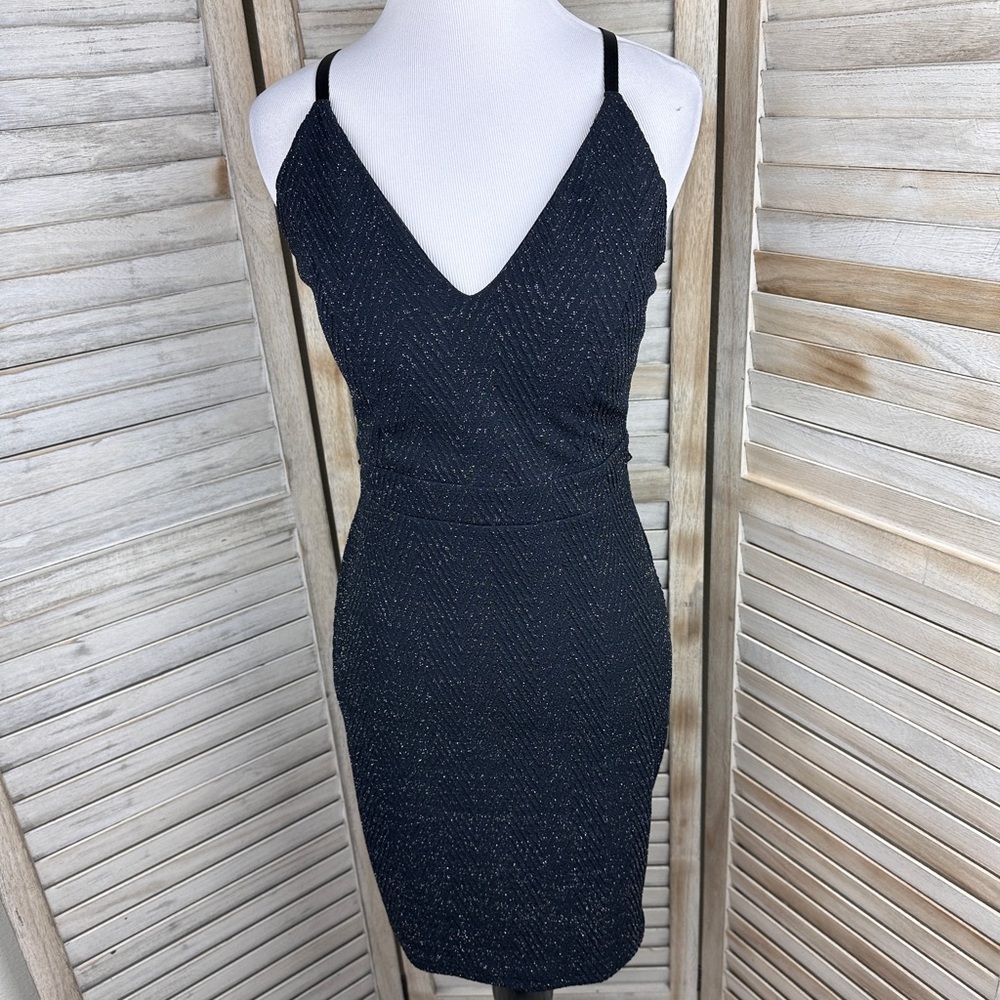 Planet Gold Black Silver Metallic Threaded Lace Back Bodycon Fitted Dress Small